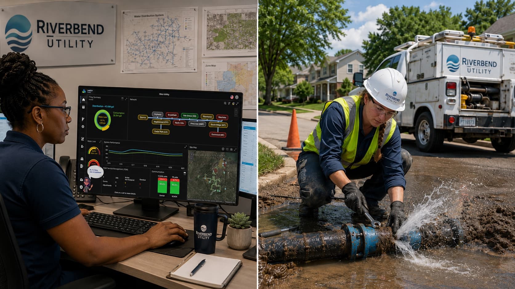 A LeakZon utility customer monitoring the network on the platform's dashboard, side by side with a field crew repairing a water main in the street